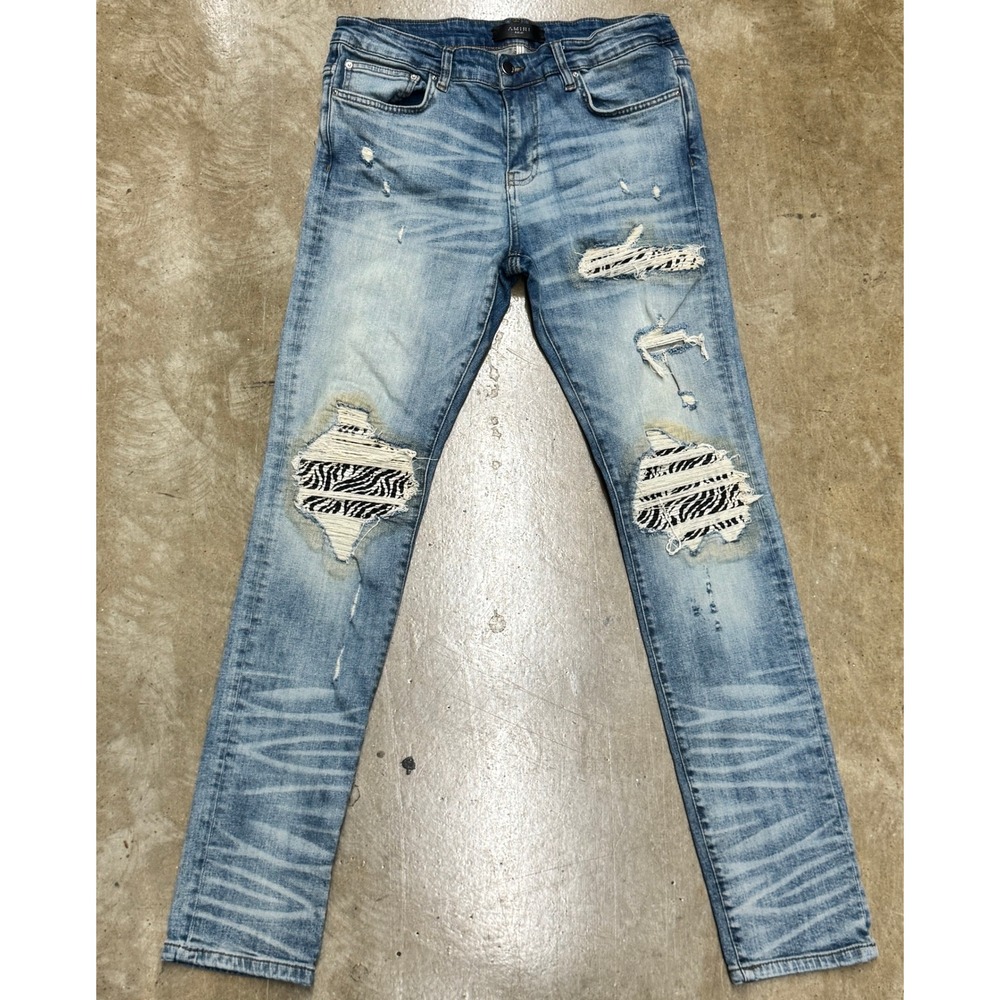 Size 33 - Amiri MX1 Zebra Patch Distressed Skinny Jeans Light Wash Denim
